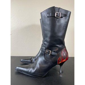 Harley-Davidson Black Leather Heeled Boots with Red Flame Accent